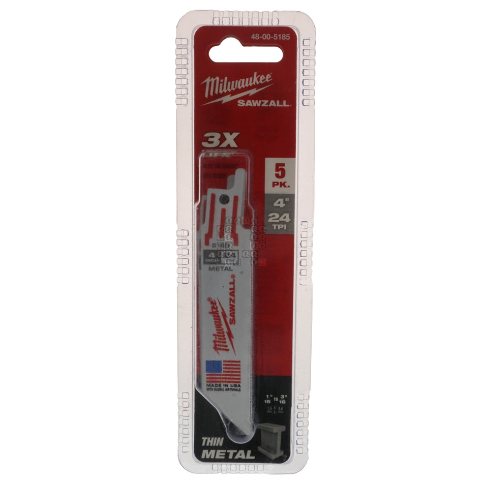 Milwaukee Tool 48-00-5185 4" Length 24-TPI SAWZALL Blades, 5-Pack, for Thin Metal