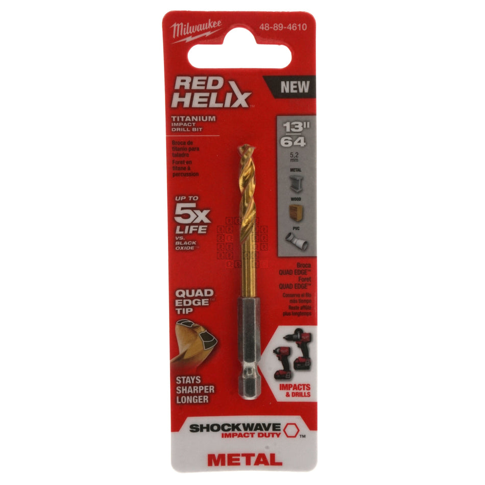 Milwaukee Tool 48-89-4610 SHOCKWAVE RED HELIX Titanium Drill Bit, 13/64" Diameter