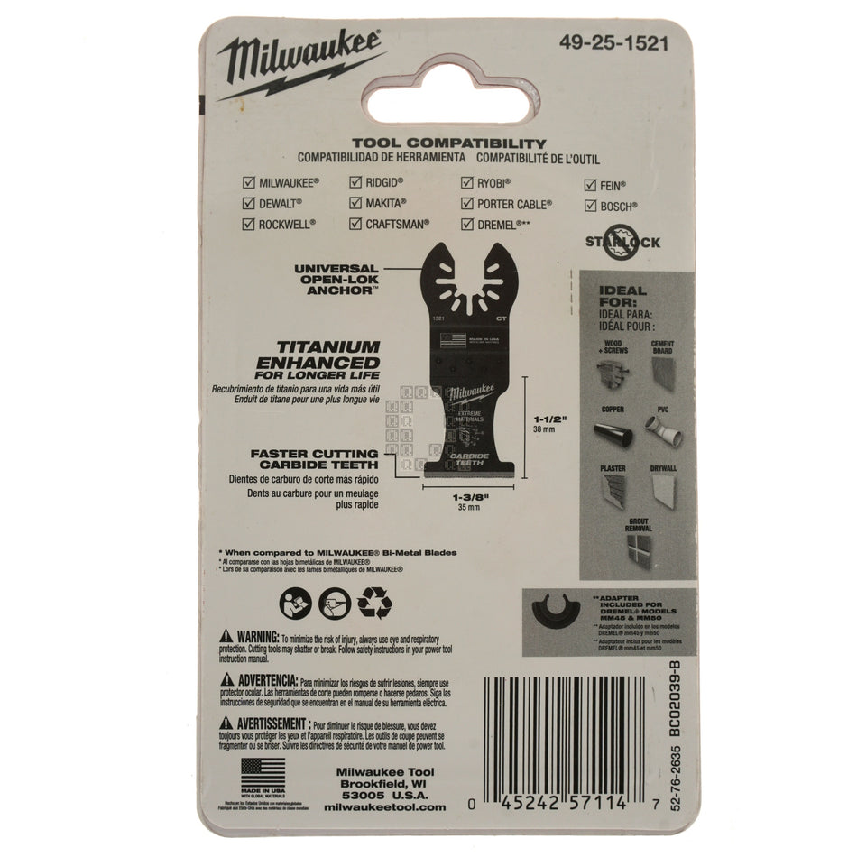 Milwaukee Tool 49-25-1521 Universal Fit OPEN-LOK 1-3/8" Carbide Teeth Multi-Material Multi-Tool Blade