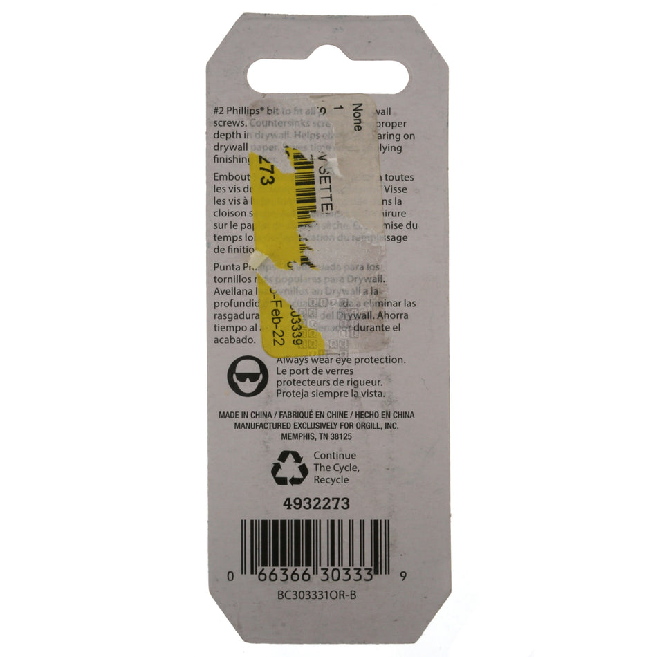 Vulcan 4932273 #2 Phillips PH2 Drywall Screw Setter, 1" Length