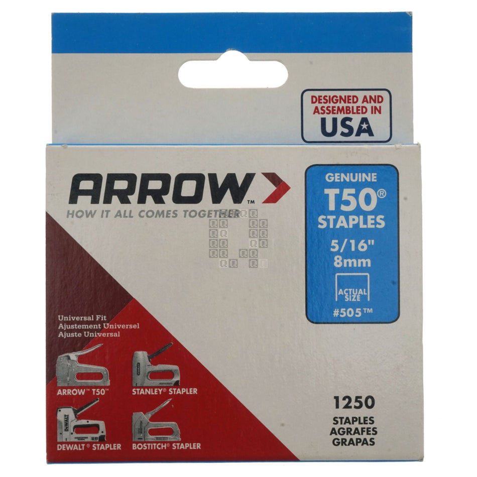 Arrow 505 50524 T50 Staples, 5/16" / 8mm Leg Length, 3/8" Crown, 1250-Count