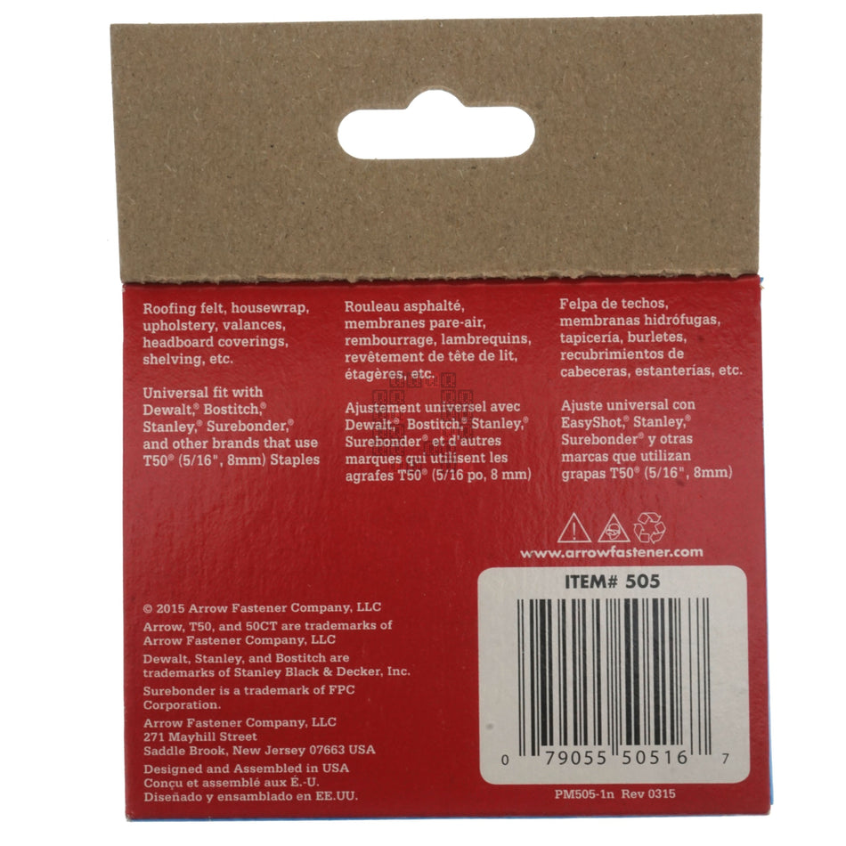 Arrow 505 50524 T50 Staples, 5/16" / 8mm Leg Length, 3/8" Crown, 1250-Count