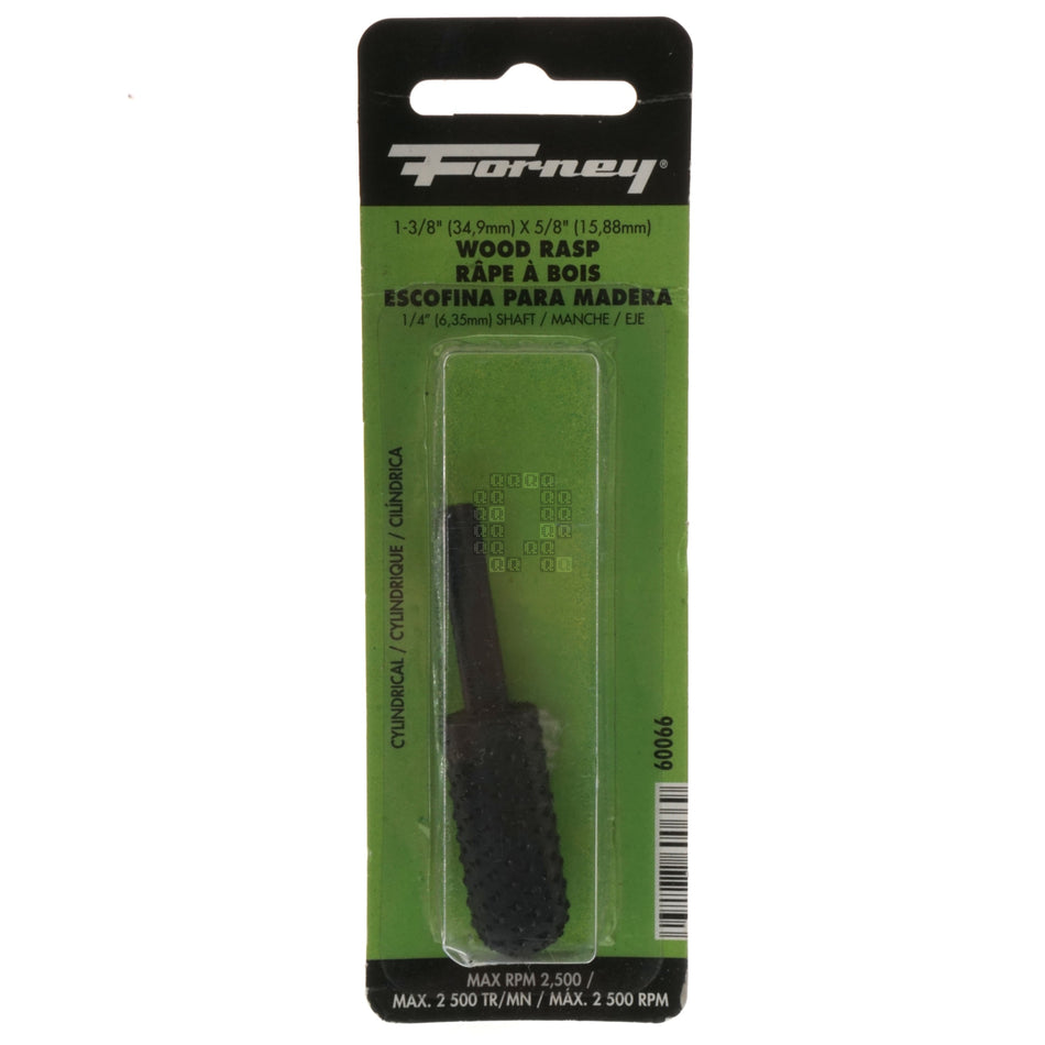 Forney Industries 60066 1-3/8" x 5/8" Cylindrical w/Round End Wood Rotary Rasp, 1/4" Shank