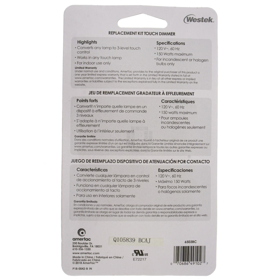 Westek 6503BC Universal Replacement 3 Level Touch Dimmer Kit, 120VAC 60Hz 150W