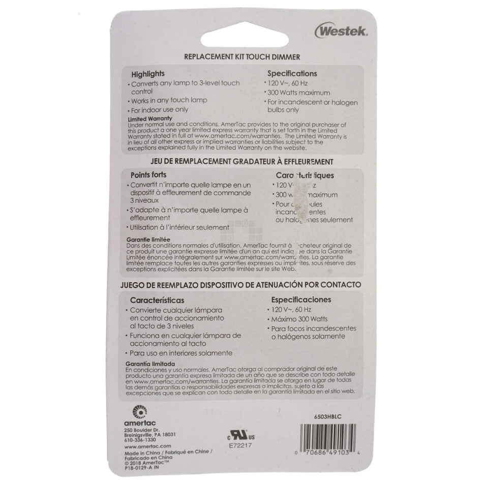 Westek 6503HBLC Universal Replacement 3 Level Touch Dimmer Kit, 120VAC 60Hz 300W