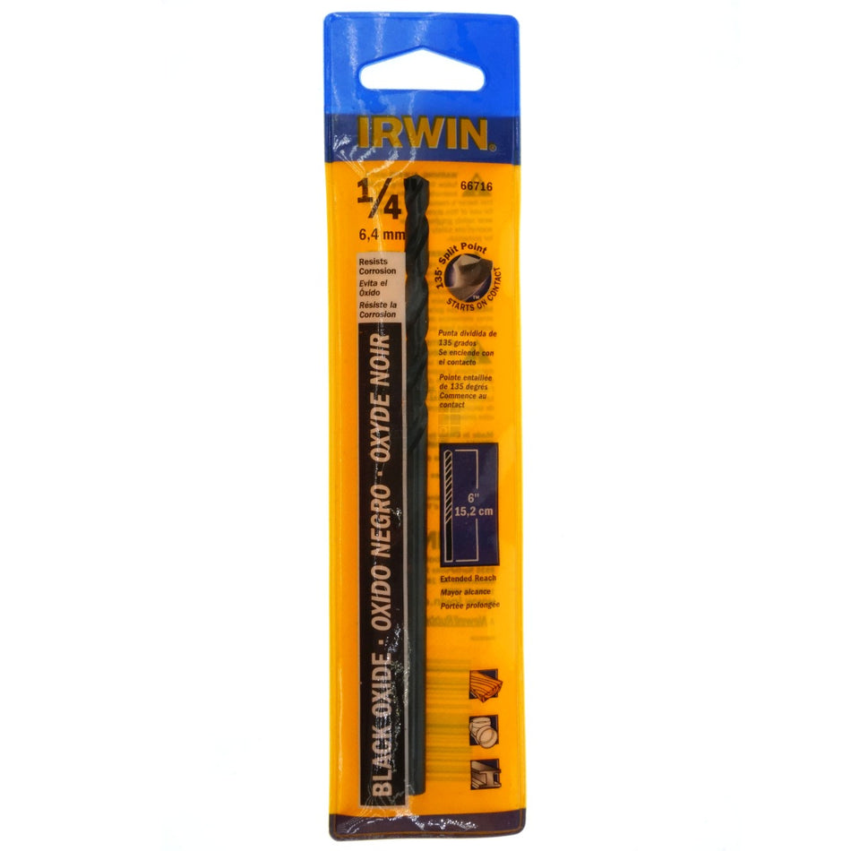 Irwin 66716 1/4" Extended Reach Black Oxide Aircraft Drill Bit, 6" 135ÃÂ° Split
