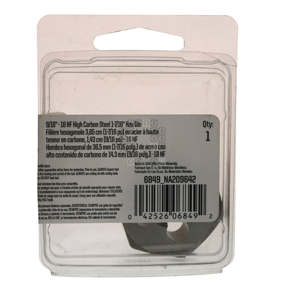 Irwin Hanson 6849 High Carbon Steel HCS 1-7/16" Hex Die, 9/16"-18 RH NC