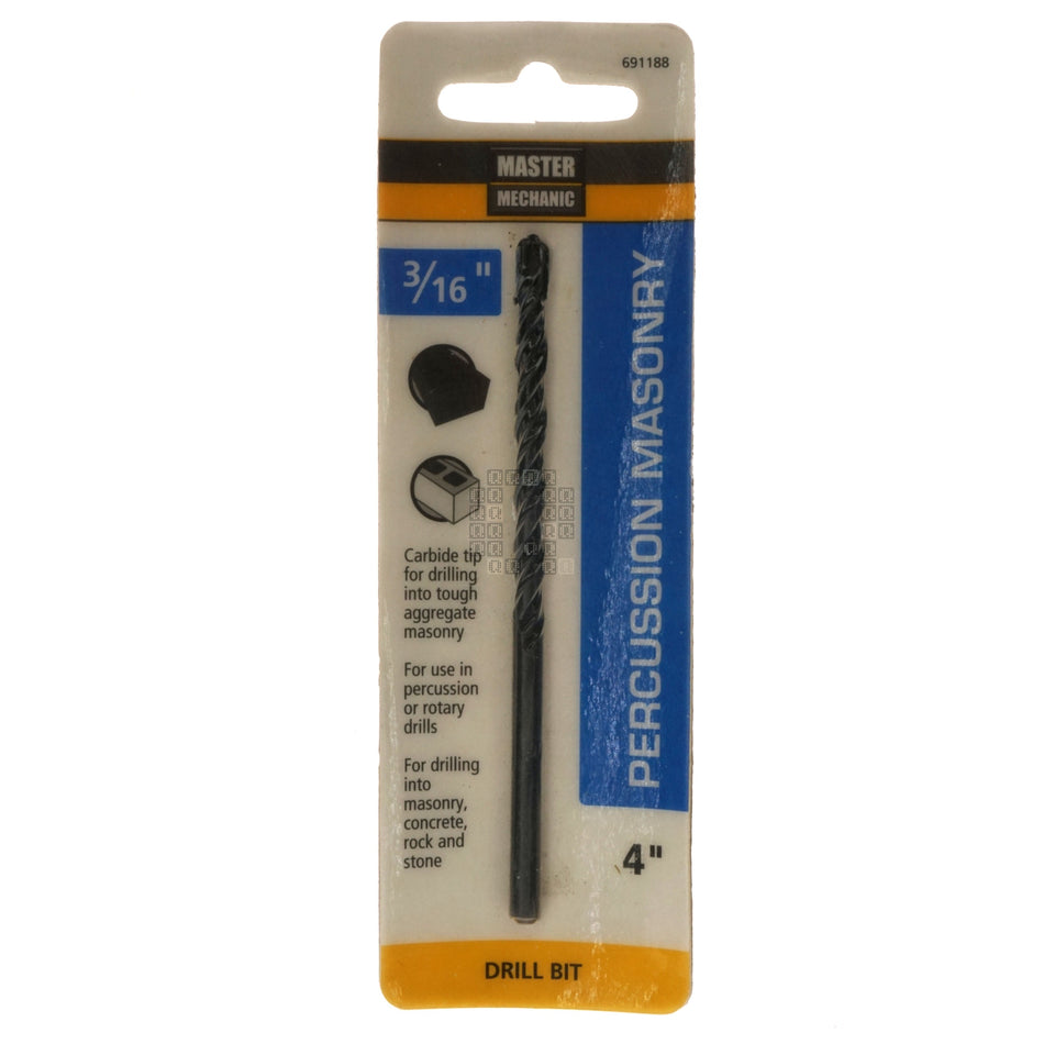 Master Mechanic 691188 3/16" Carbide Tip Percussion Masonry Drill Bit, 4" Length