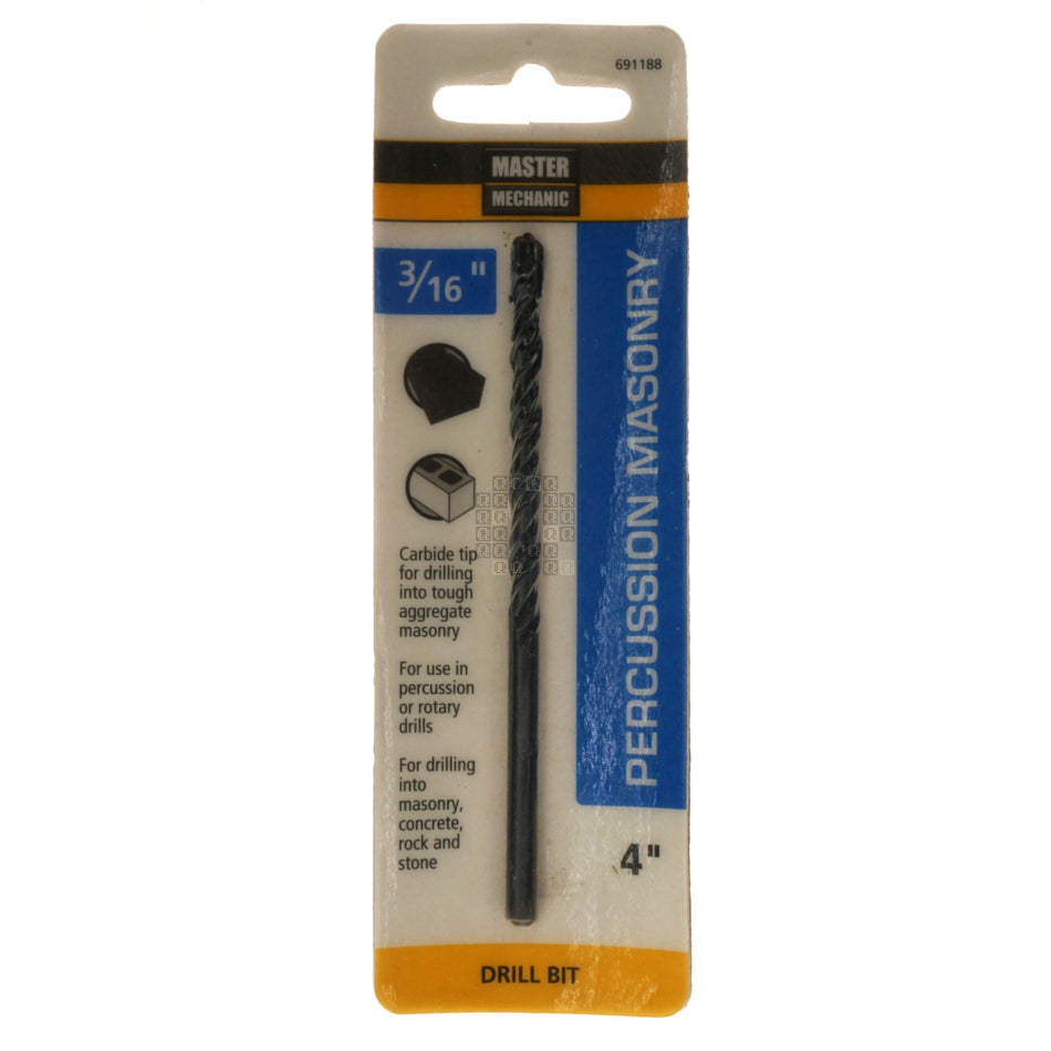 Master Mechanic 691188 3/16" Carbide Tip Percussion Masonry Drill Bit, 4" Length
