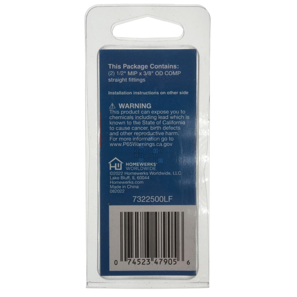 PlumbCraft 7322500LF 1/2" MIP x 3/8" OD Compression Straight Fitting, Chrome Plated, 2-Pack
