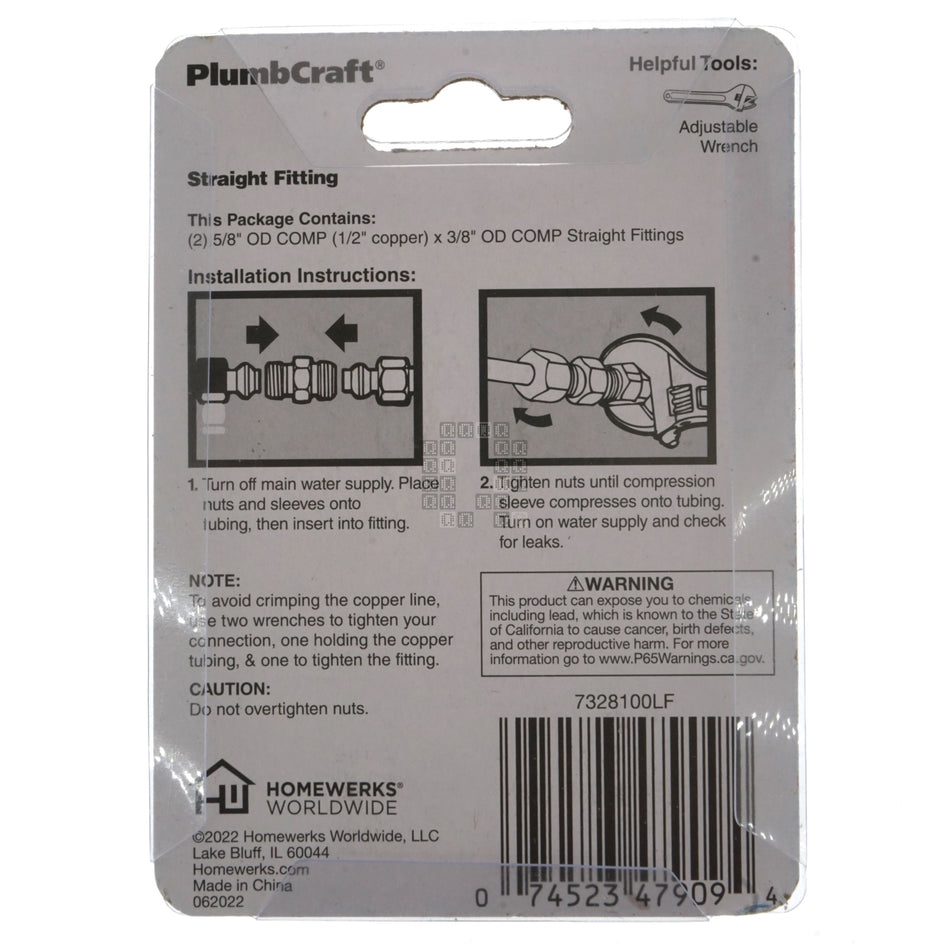 PlumbCraft 7328100LF Water Supply Straight Fitting, 5/8" OD x 3/8" OD Compression