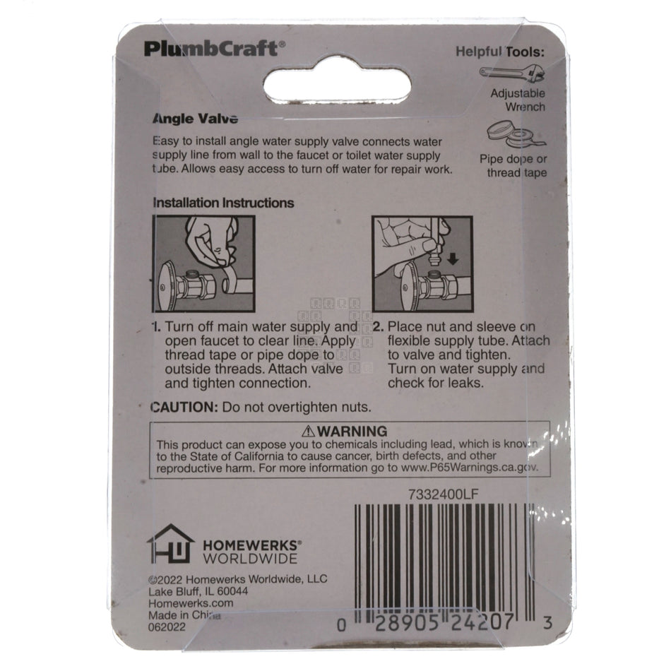 PlumbCraft 7332400LF Water Supply Angle Valve, 1/2" FIP x 1/4" OD Compression