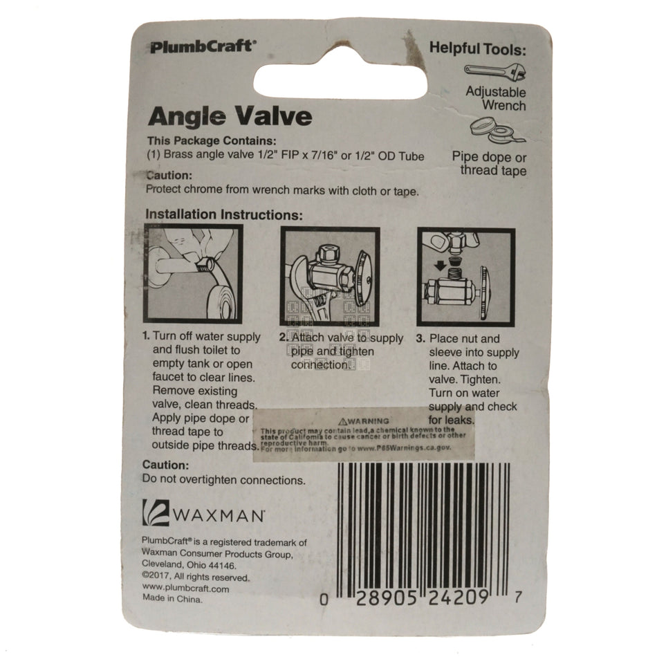 PlumbCraft 7332610LF 1/2" FIP x 7/16" or 1/2" OD Tube Right Angle Valve