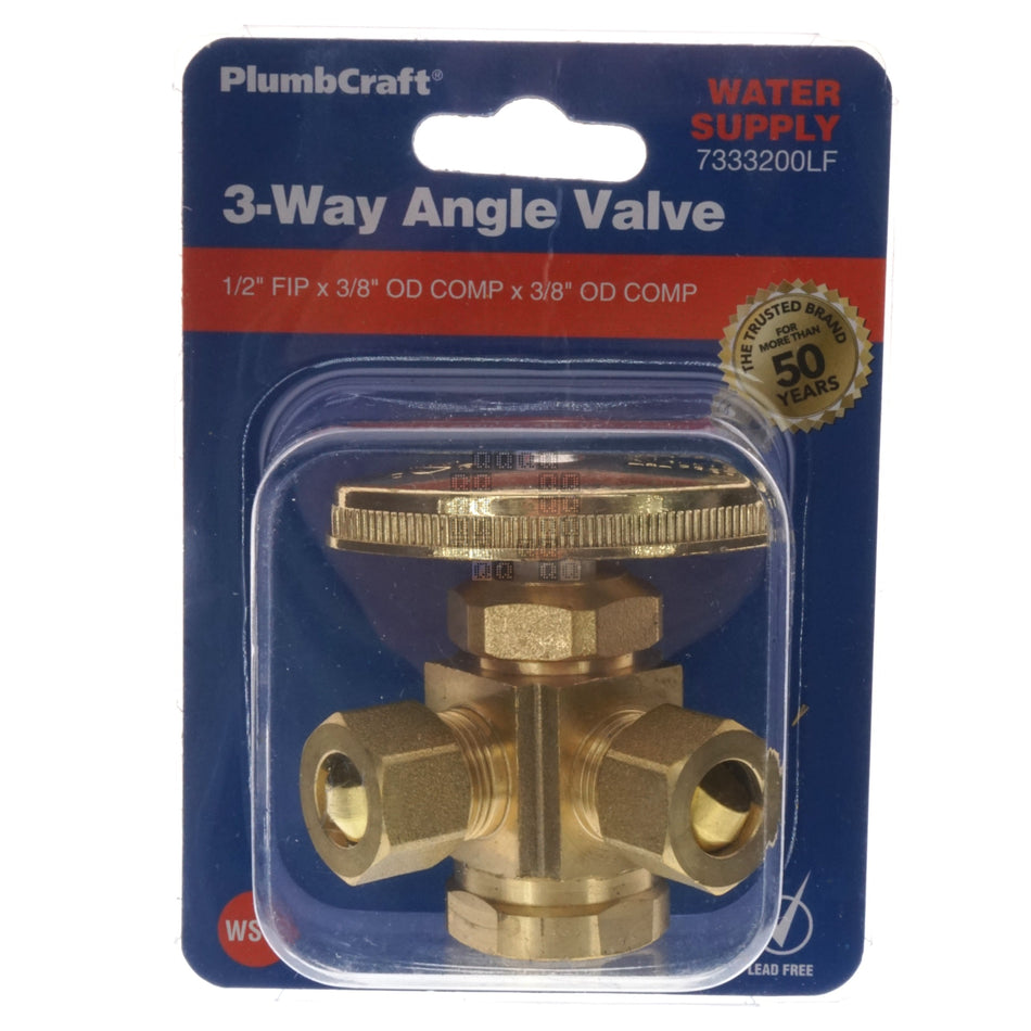 PlumbCraft 7333200LF Brass 3-Way 90ÃÂ° Angle Valve, 1/2" FIP x 2x 3/8 OD Compression