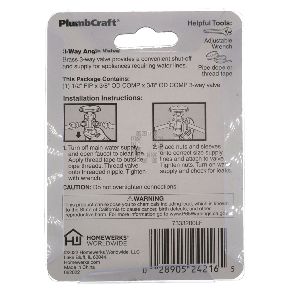 PlumbCraft 7333200LF Brass 3-Way 90ÃÂ° Angle Valve, 1/2" FIP x 2x 3/8 OD Compression