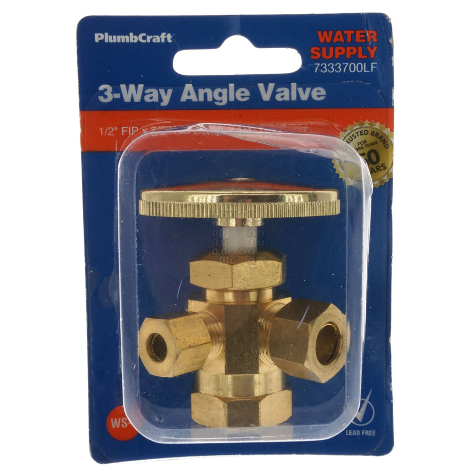 PlumbCraft 7333700LF 3-Way Lead Free Brass Angle Valve, 1/2" FIP x 3/8" OD Compression x 1/4" OD Compression