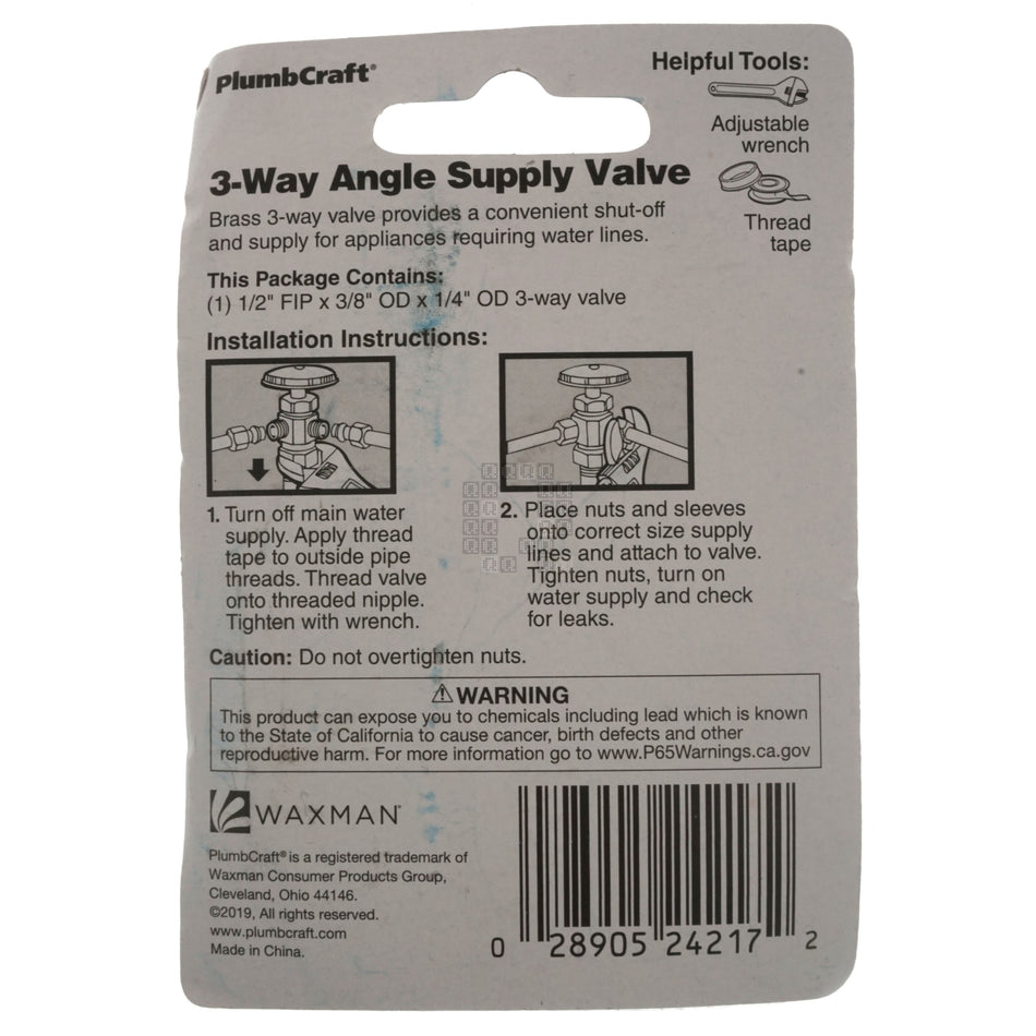 PlumbCraft 7333700LF 3-Way Lead Free Brass Angle Valve, 1/2" FIP x 3/8" OD Compression x 1/4" OD Compression