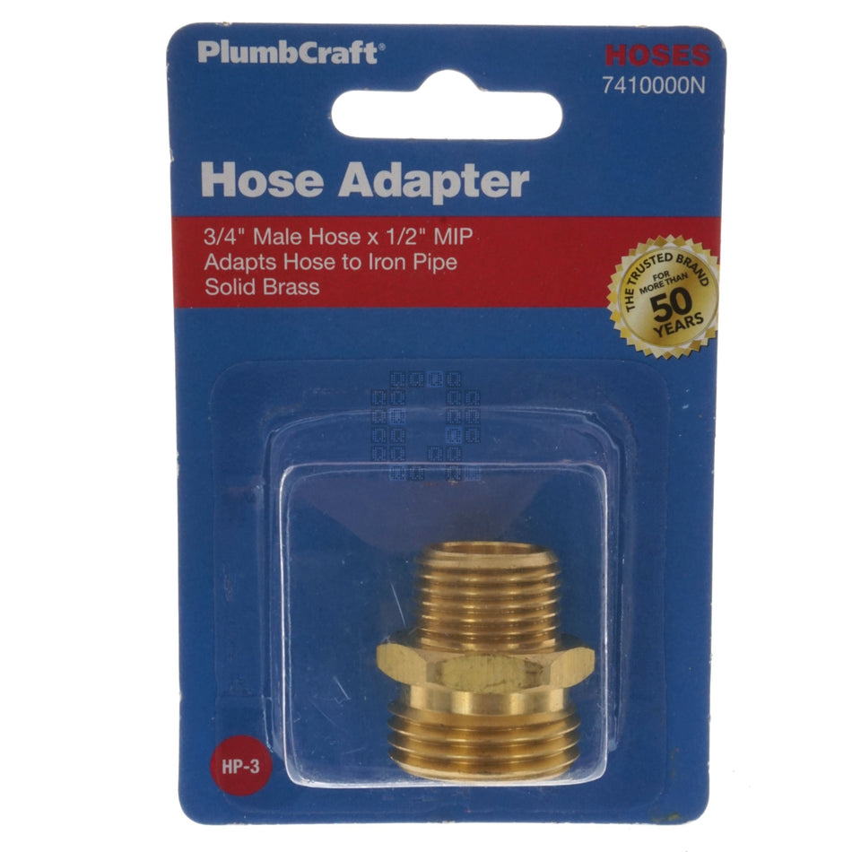 PlumbCraft 7410000N 3/4" Male Hose x 1/2" MIP Hose Adapter, Solid Brass