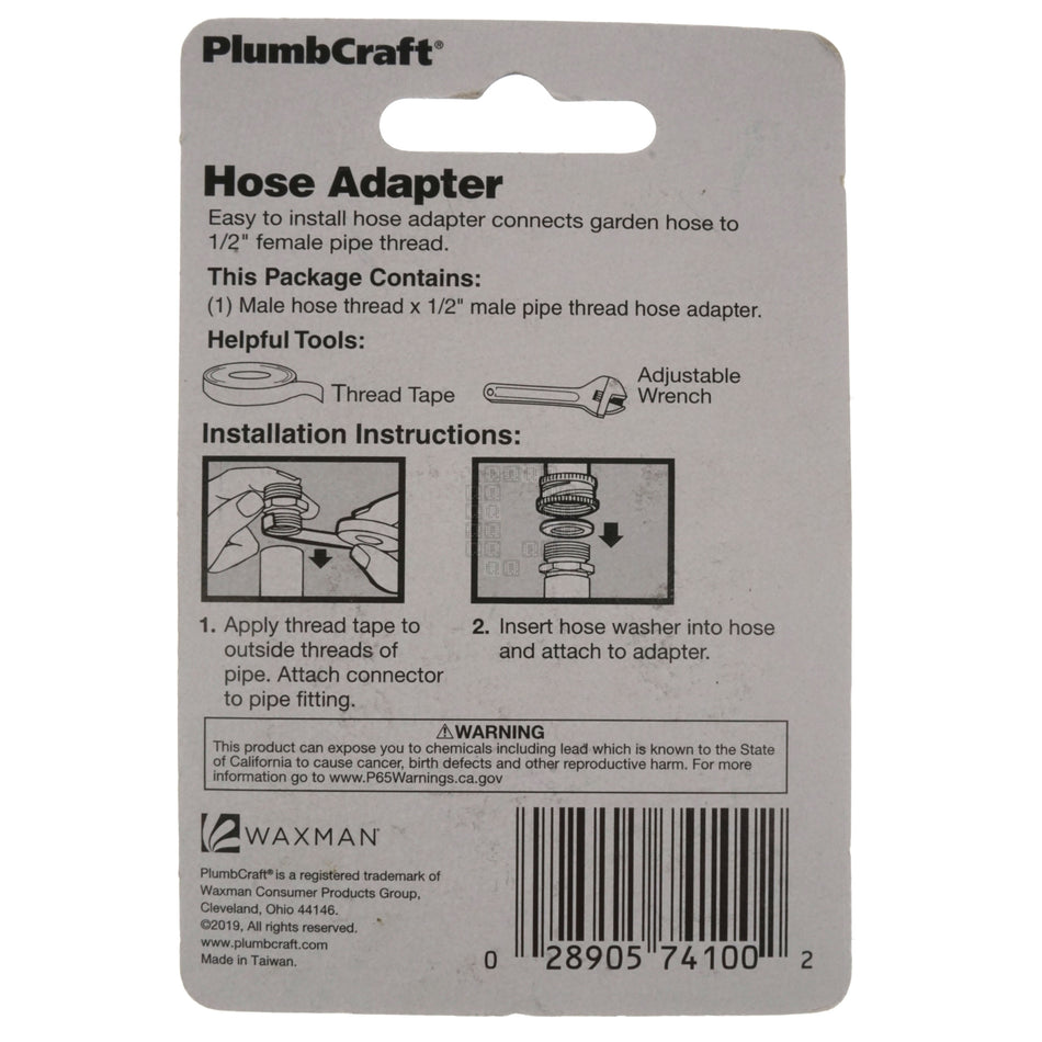 PlumbCraft 7410000N 3/4" Male Hose x 1/2" MIP Hose Adapter, Solid Brass