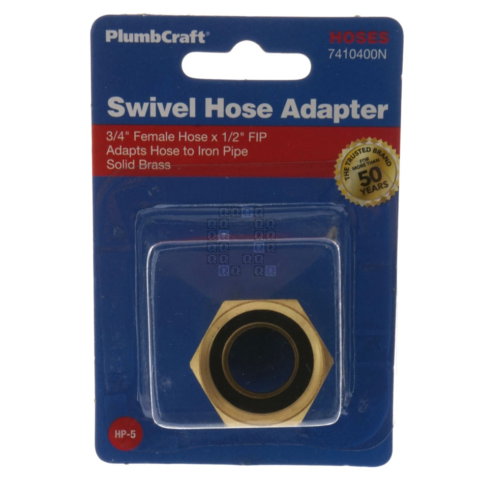 PlumbCraft 7410400N Brass 3/4" Female Hose x 1/2" FIP Swivel Hose Adapter