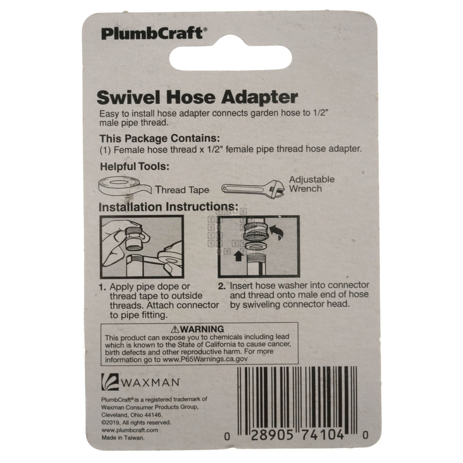 PlumbCraft 7410400N Brass 3/4" Female Hose x 1/2" FIP Swivel Hose Adapter