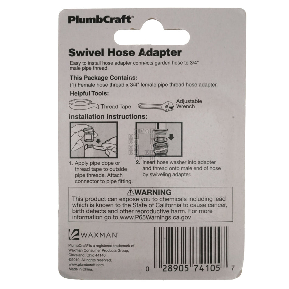 PlumbCraft 7410500N Solid Brass 3/4" Female Hose x 3/4" FIP Swivel Hose Adapter