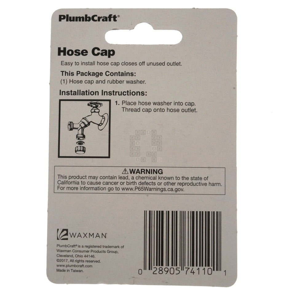 PlumbCraft 7411000N 3/4" Hose Cap with Washer