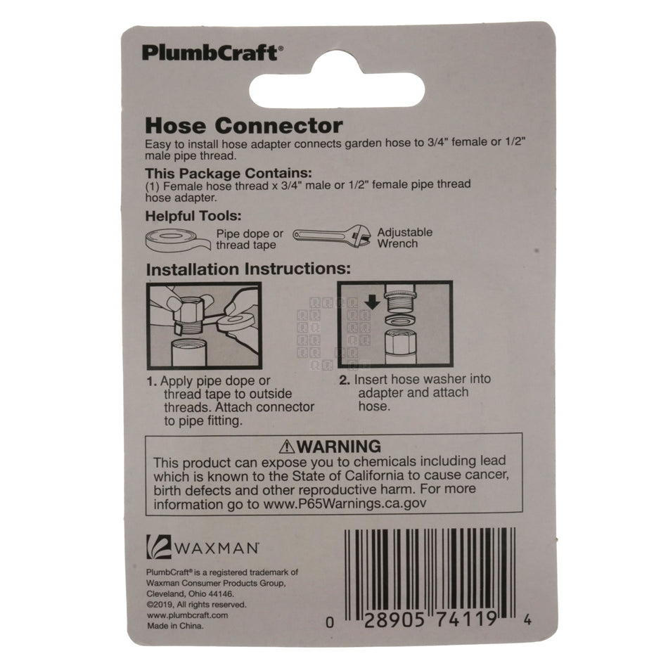 PlumbCraft 7411900N Solid Brass Hose Connector Adapter, 3/4" Female Hose x 3/4" MIP x 1/2" FIP