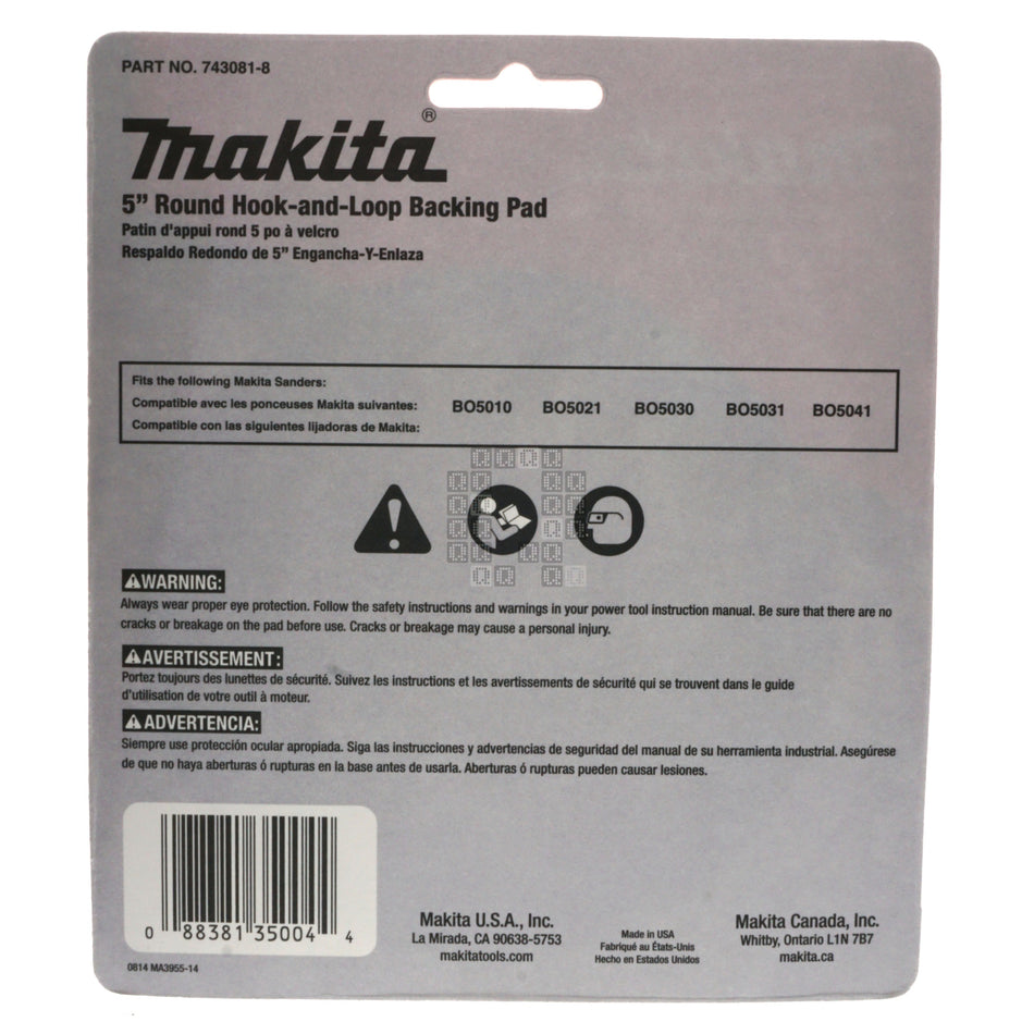 Makita 743081-8 5" Round Hook-and-Loop Backing Pad, 8-Hole