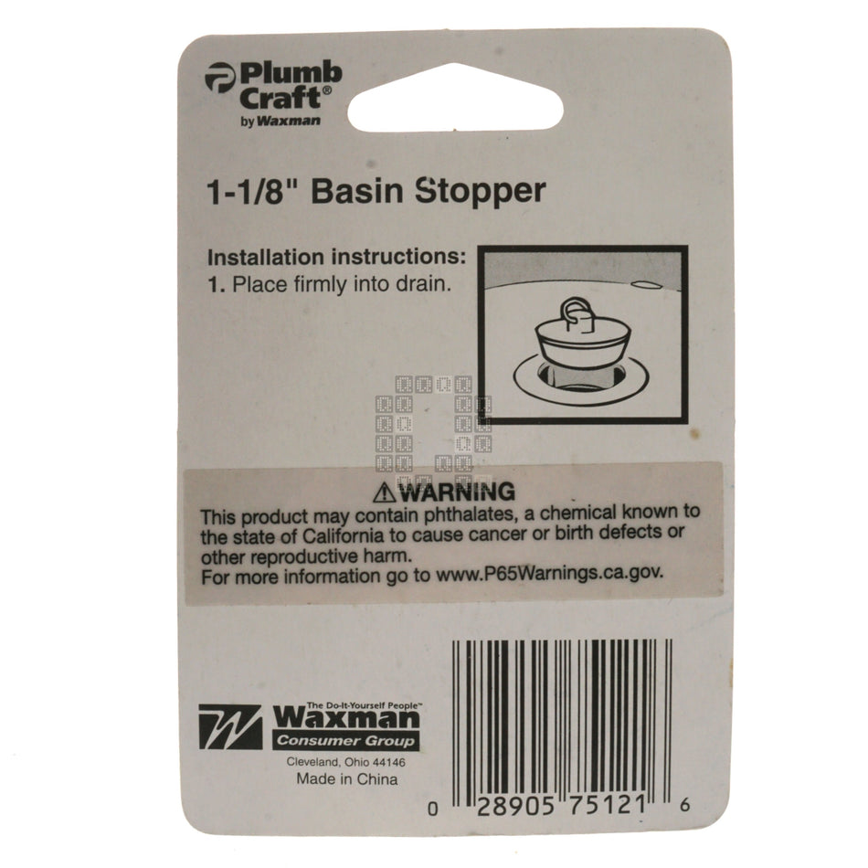 PlumbCraft 75-121 1-1/8" Basin Stopper, White