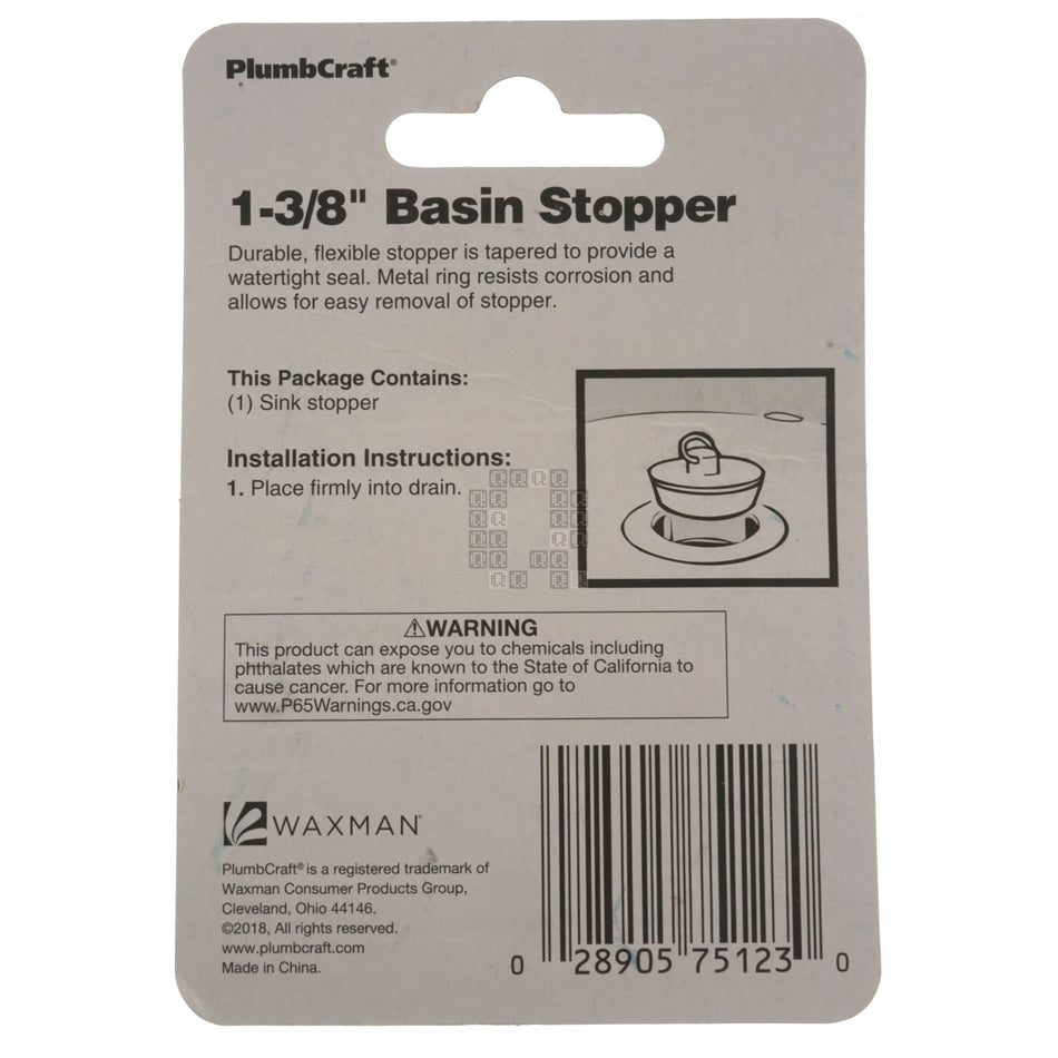 PlumbCraft 7512300T 1-3/8" Vinyl Basin Stopper, White