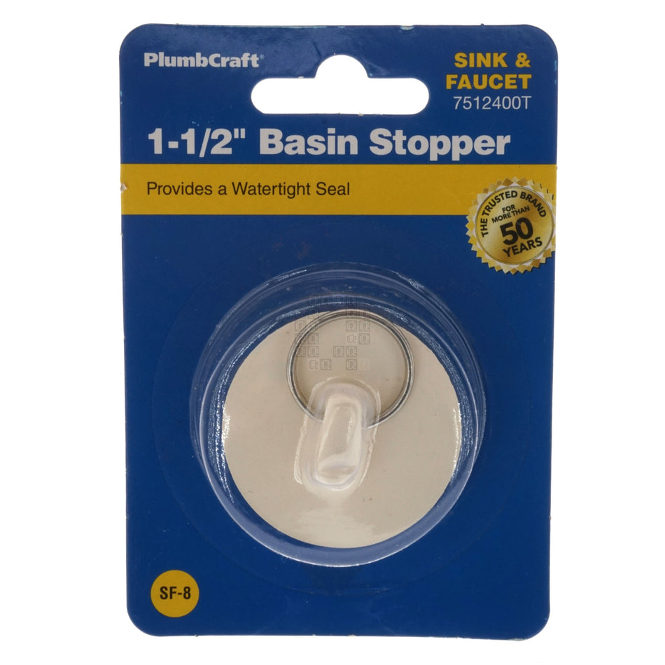 PlumbCraft 7512400T Vinyl Basin Stopper with Ring, White, 1-3/8" to 1-1/2" Diameter