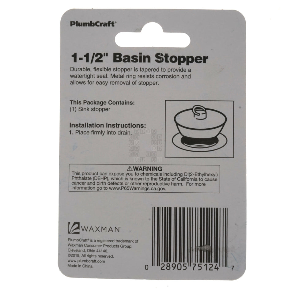 PlumbCraft 7512400T Vinyl Basin Stopper with Ring, White, 1-3/8" to 1-1/2" Diameter