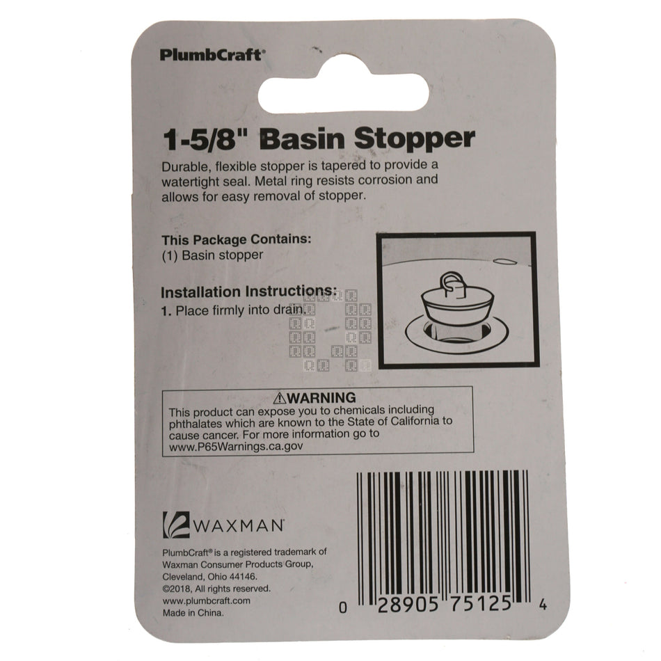 PlumbCraft 7512500T 1-5/8" Vinyl Basin Stopper, White