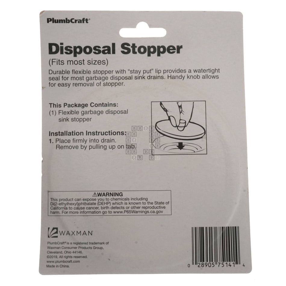 PlumbCraft 7514100T Garbage Disposal Stopper, 3" Vinyl