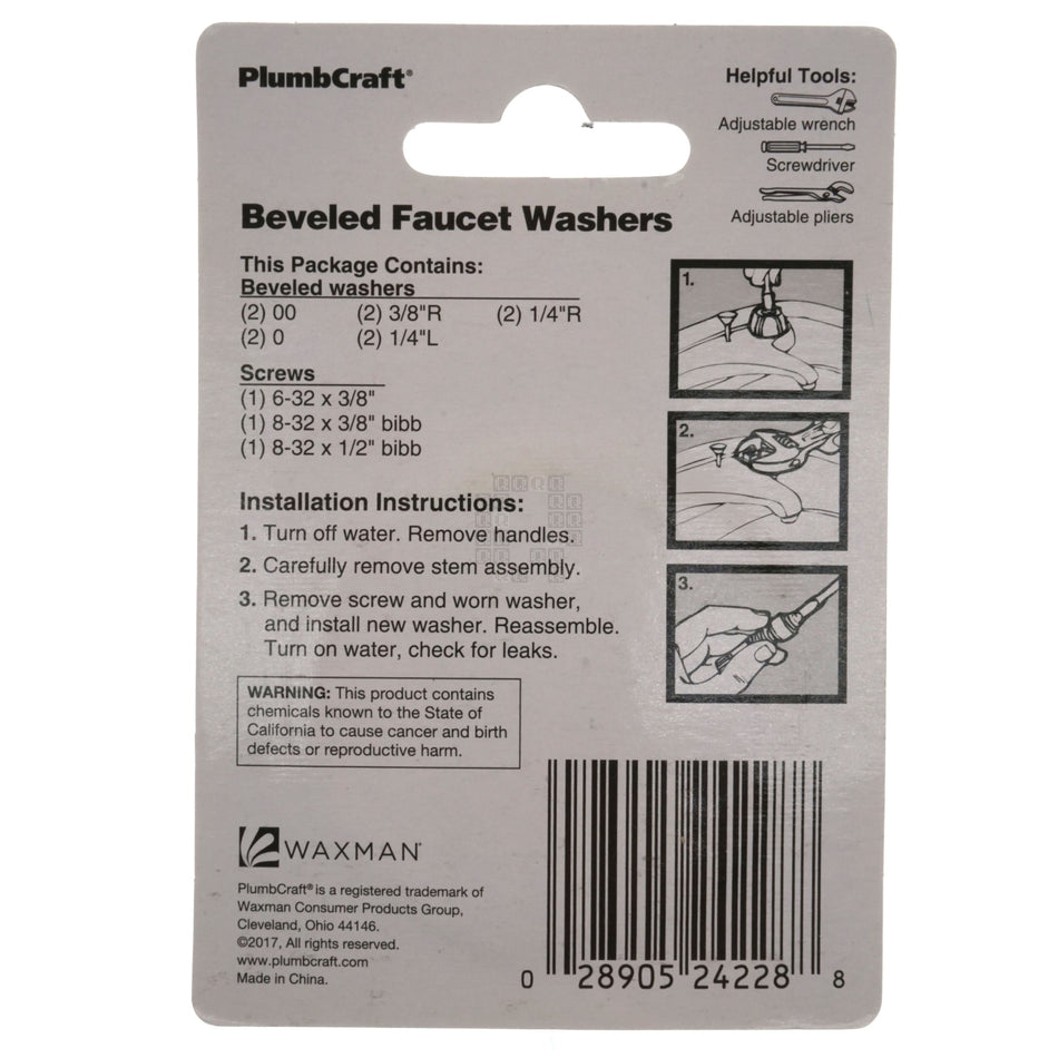 PlumbCraft 7516000LF Beveled Faucet Washer Kit, 10 Washers & 3 Screws