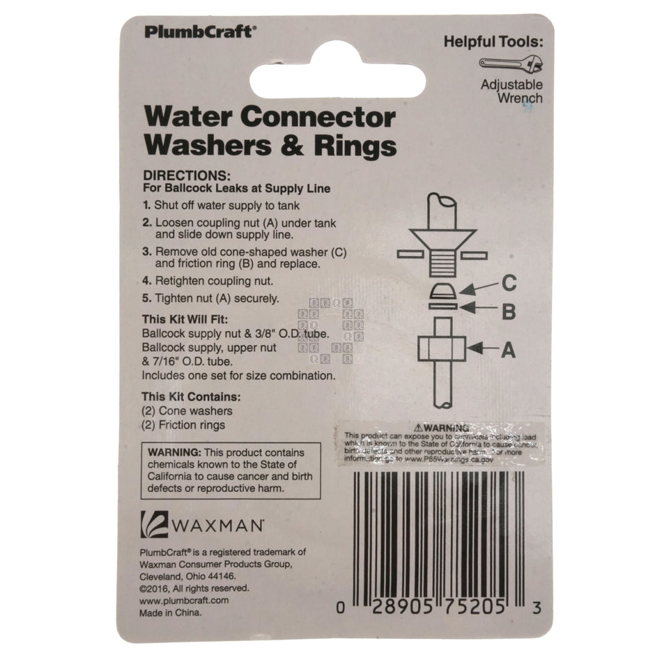 PlumbCraft 7520500N 4-Piece Water Connector Washers & Rings for Ballcock Supply Tube