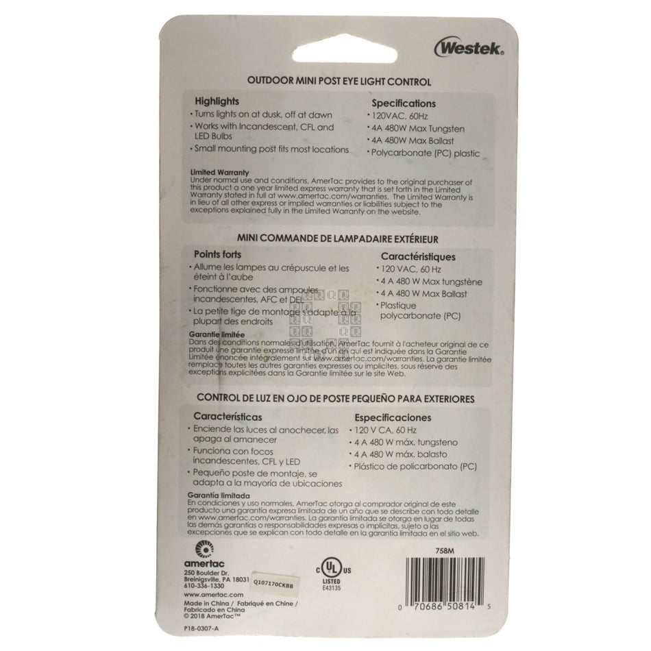 Westek 758M Post Eye Light Control, 120VAC 480W, Black, 7/16" Hole