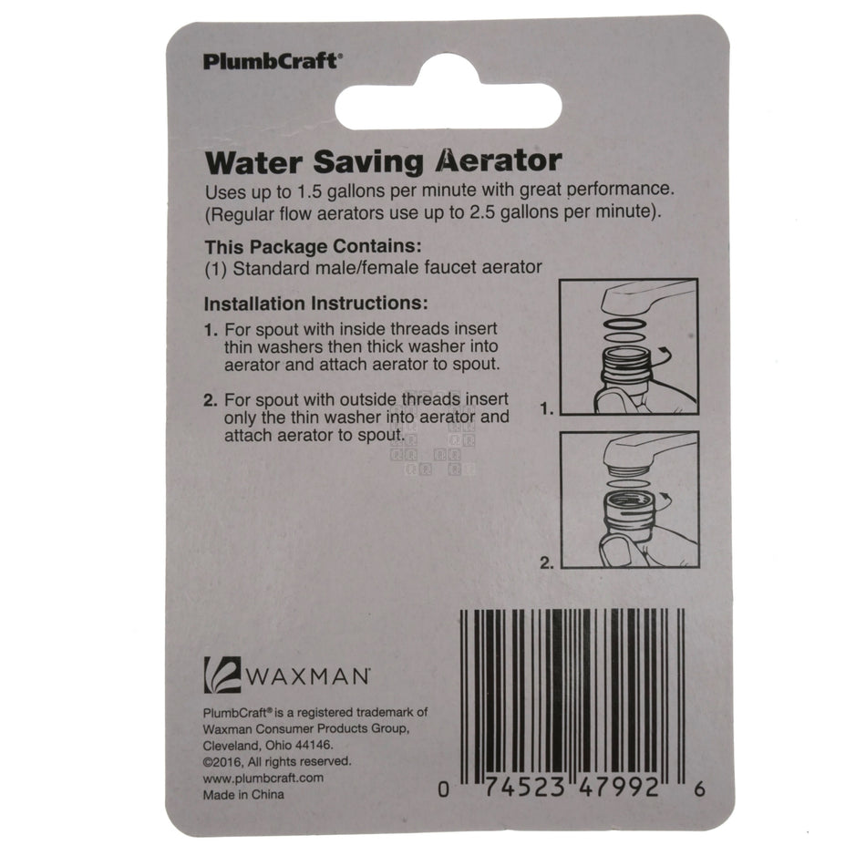 PlumbCraft 7610211LF Water Saving Aerator, Dual Inside/Outside Threads, 1.5GPM