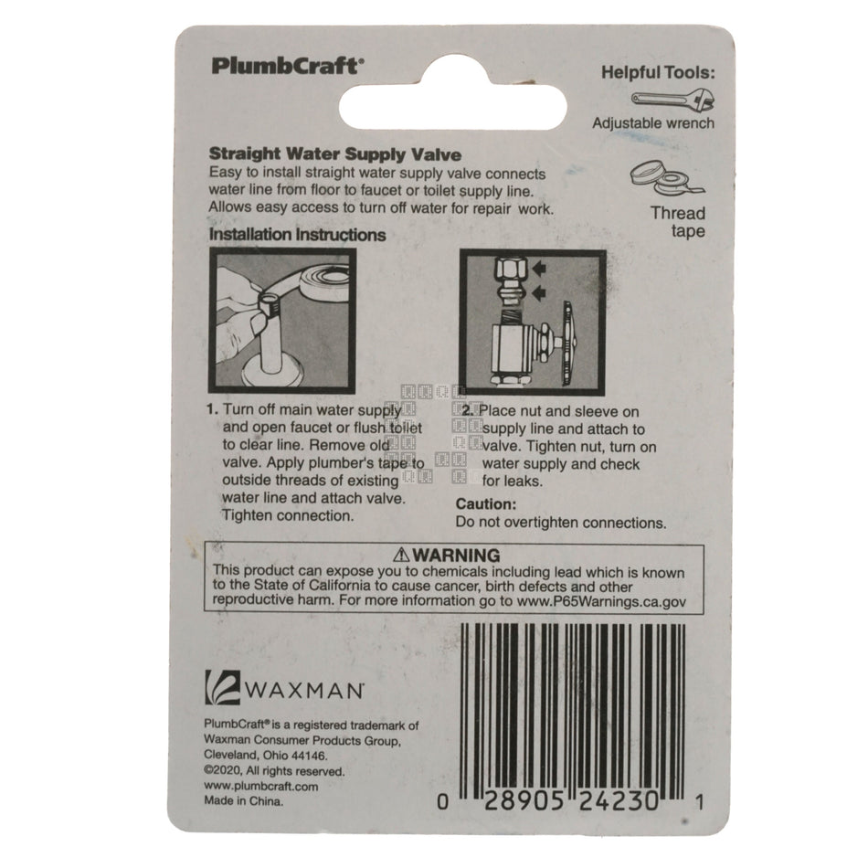 PlumbCraft 7830700LF 1/2" FIP x 3/8" OD Compression Quick 1/4 Turn Straight Valve
