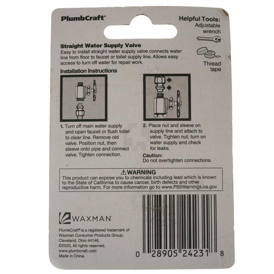 PlumbCraft 7830900LF 5/8" OD Compression x 3/8" OD Compression Quick 1/4 Turn Straight Valve