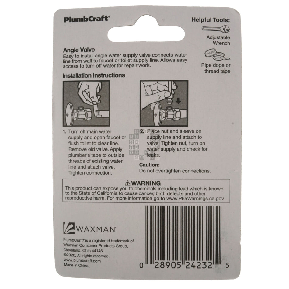 PlumbCraft 7832700LF Water Supply Angle Valve, 1/2" FIP x 3/8" OD Compression, Quick 1/4 Turn On/Off Operation
