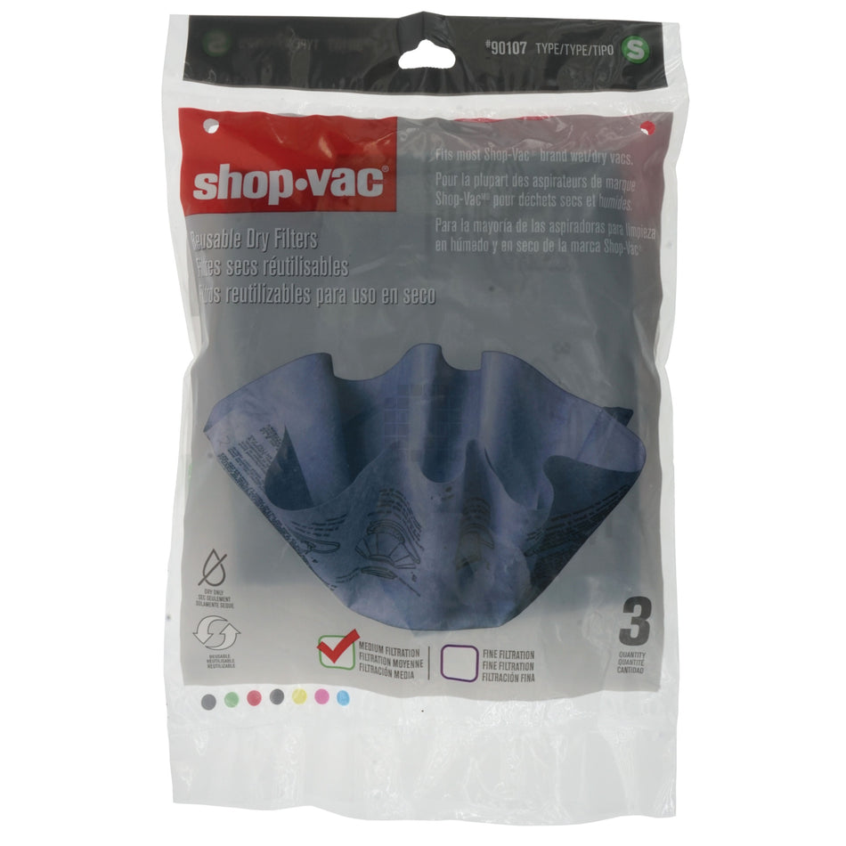 Shop-Vac 90107 Reuseable Dry Type S Filter Set (3 Filters and 1 Mounting Ring)