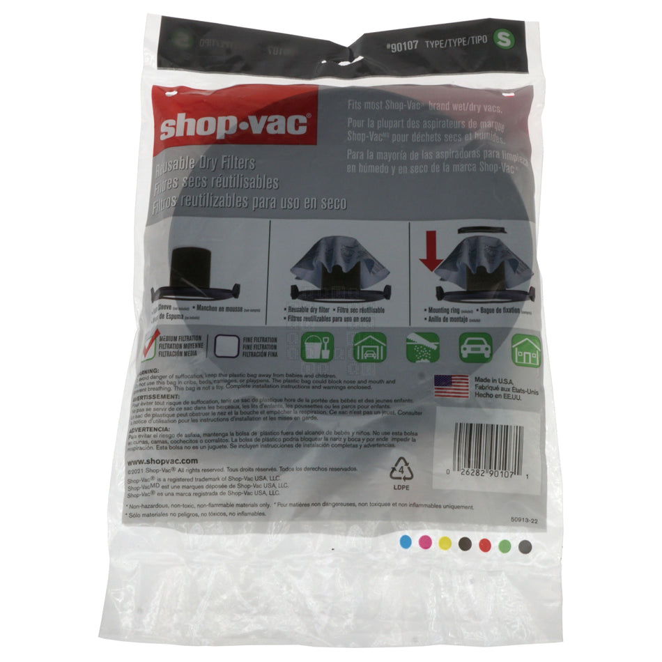 Shop-Vac 90107 Reuseable Dry Type S Filter Set (3 Filters and 1 Mounting Ring)
