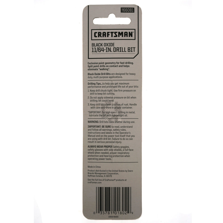 Craftsman 966081 11/64" Multi-Purpose Black Oxide Drill Bit, Split Point