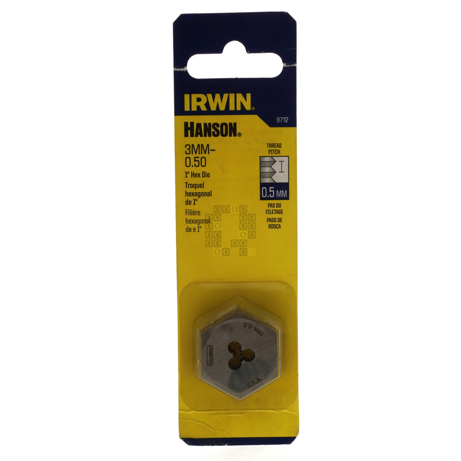 Irwin Hanson 9712 3mm M3 - 0.50mm Right Hand RH Metric Carbon Steel 1" Hex Die