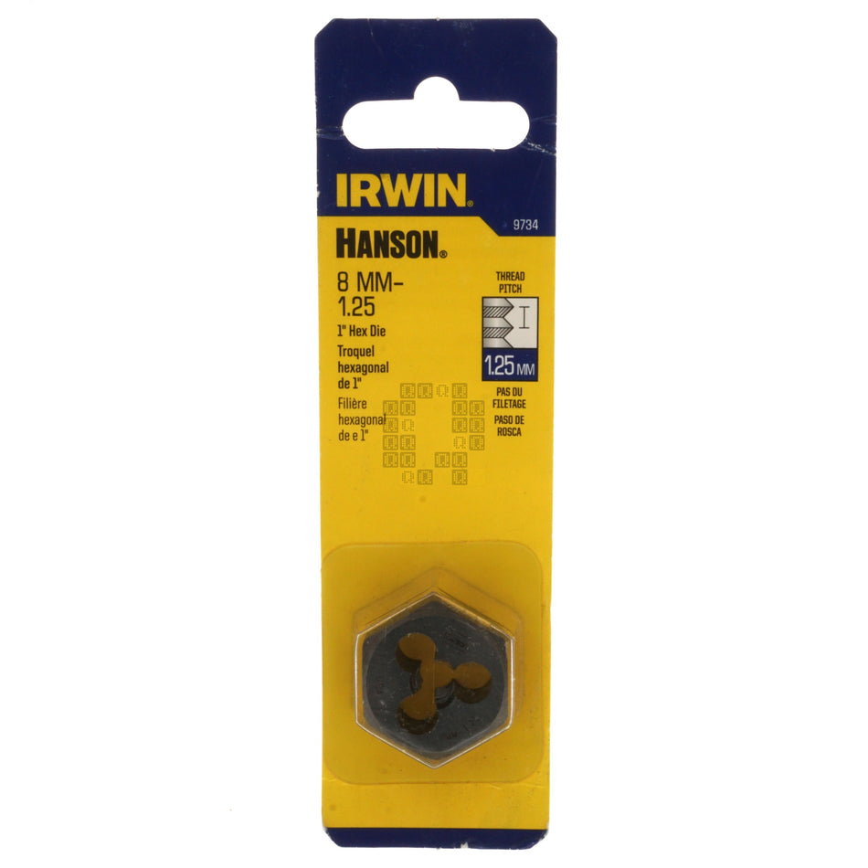 Irwin Hanson 9734 8mm M8 - 1.25 Metric Right Hand RH High Carbon Steel HCS 1" Hex Die