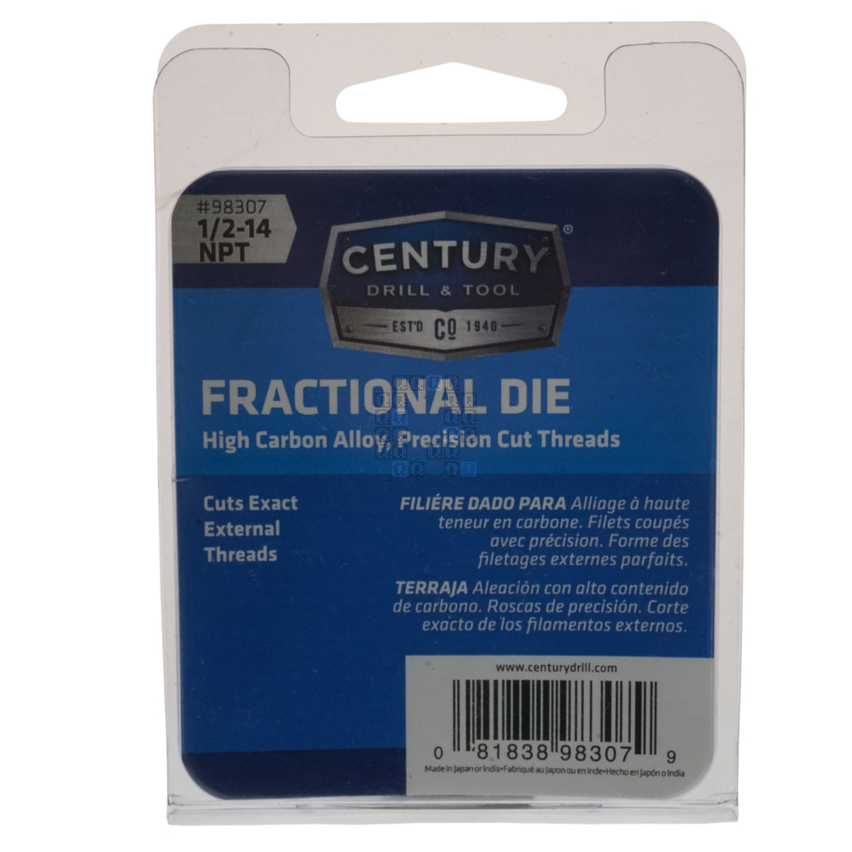 Century Drill & Tool 98307 1/2"-14 NPT High Carbon Steel Alloy Fractional Pipe Die