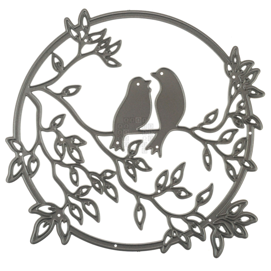 Love Birds on Leafy Branch in Circle Metal Cutting Die