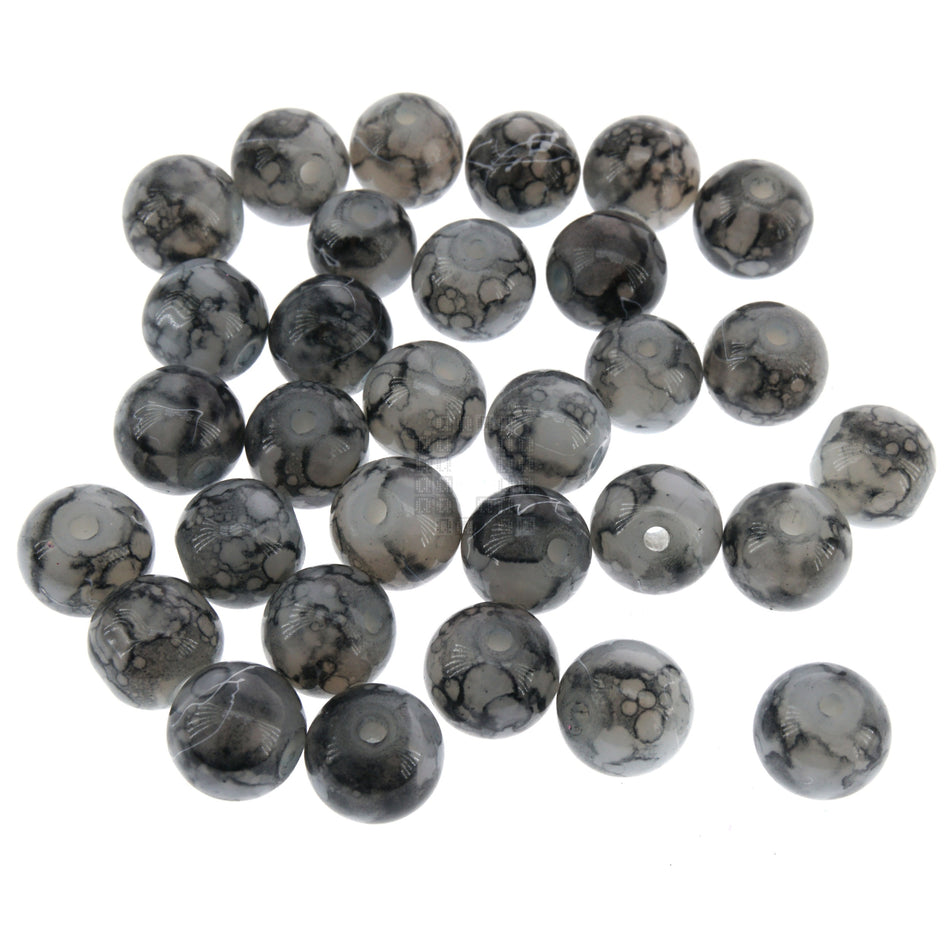 Black Marble 8mm Loose Glass Beads, 30 Pieces